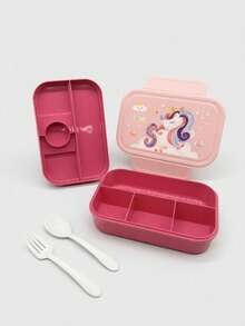 1pc Double-Layer Cartoon Lunch Box / School Lunch Box / Children's Lunch Box / Multi-Compartment Design / Easy To Clean / Includes Utensil Storage Compartment And Fork & Spoon / Convenient To Carry / Separate Sauce Compartment / Material: PP / Back To School Essential / Travel Essential - Multicolor - View 2