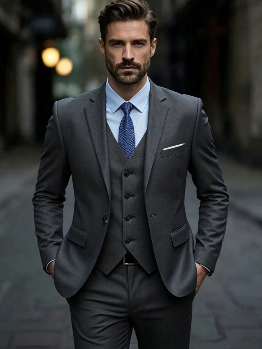 SuitGent 男士时尚商务西装,高品质正式办公西装,修身新郎婚礼礼服,男士西装外套 - 深灰色 - 查看 1