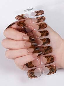 16pcs Leopard Print Semi Cured Gel Nail Strips, Tortoiseshell Brown French Tip Nail Wraps, Long Lasting & Easy To Remove, UV/LED Cure Nails For Women's Parties And Autumn Looks - Brown - View 3