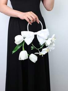 1pc Bohemian Style Satin Bow Ring Bridal Bouquet, Gentle & Elegant - White - View 4