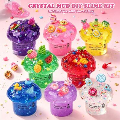 1/2/4/8pcs Cupcake Crystal Slime Set, Scented Transparent Bubble Glue With Fruit Dessert Glitter Accessories, DIY Stretchable Stress Relief Toy, Birthday Holiday Party Gift For Kids 3+, Christmas, Halloween Gift
