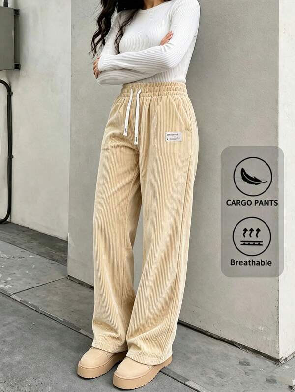 Women's Corduroy Straight Leg Pants, High Waist Drawstring Elastic Waist Design, Loose Casual Home Long Pants, With Letter Patch, Suitable For Autumn Wear. Suitable For Outings, Work, Dates, Leisure And Other Occasions. Women's Autumn Hiking Gear.
