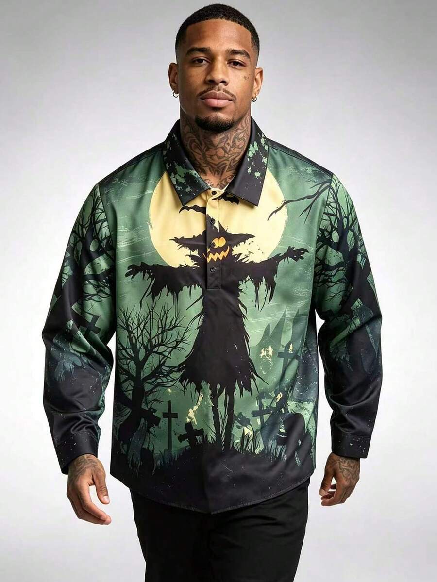 1pc Men's Textured Print Single-Breasted Pullover Long Sleeve Shirt, Handsome Versatile Polo Shirt, Casual Commute Top, Elegant Holiday Party Evening Wear, Perfect Gift For Father, Boyfriend, Dad, Friend, Halloween - Dark Green - View 1