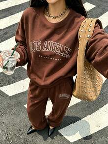New European And American Style Los Angeles Letter Print Dark Blue Women's Sweatshirt Set, Suitable For Autumn And Winter - Brown - View 3