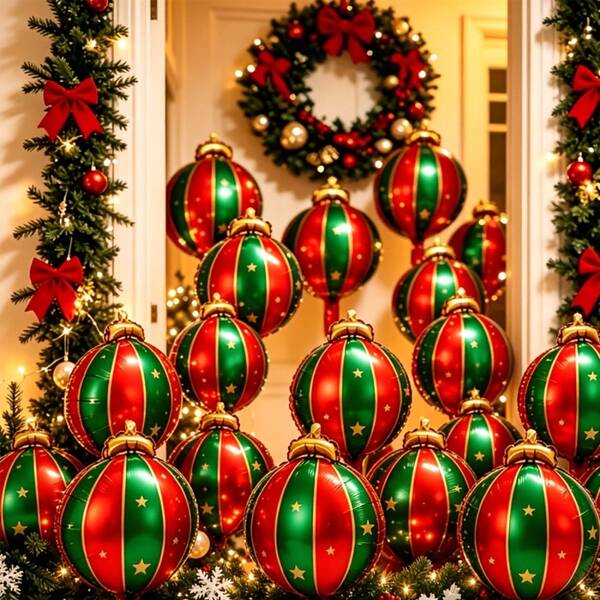 20pcs 10 Inch 4D Christmas Hanging Ball Decoration Foil Balloons, Red & Green Striped Star-Shaped Polyester Film Balloons, Christmas Indoor & Outdoor Decoration Balloons, Holiday Party Gift Box Photo Booth Backdrop Supplies
