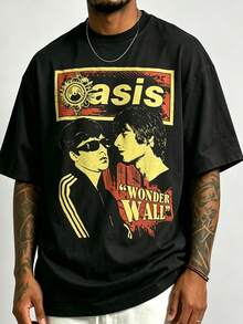 Vintage British Rock Band Poster Print Short Sleeve American Distressed Oversized Men's T-Shirt - Black - View 2