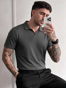 Men's Summer Thin Solid Color Short Sleeve Polo Shirt, Suitable For Summer Outdoor Activities - Dark Grey - View 4