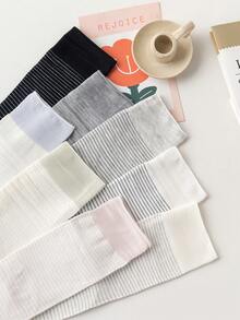 5 Pairs Women's Thin Vertical Striped Color Block Mid-Calf Slouch Socks, Minimalist Black White Gray Light Color Palette Soft Breathable All-Match Long Socks, Flattering Calf Shape, Non-Tight Non-Constricting, Versatile For Commute And Student (Random Color) - Multicolor - View 6