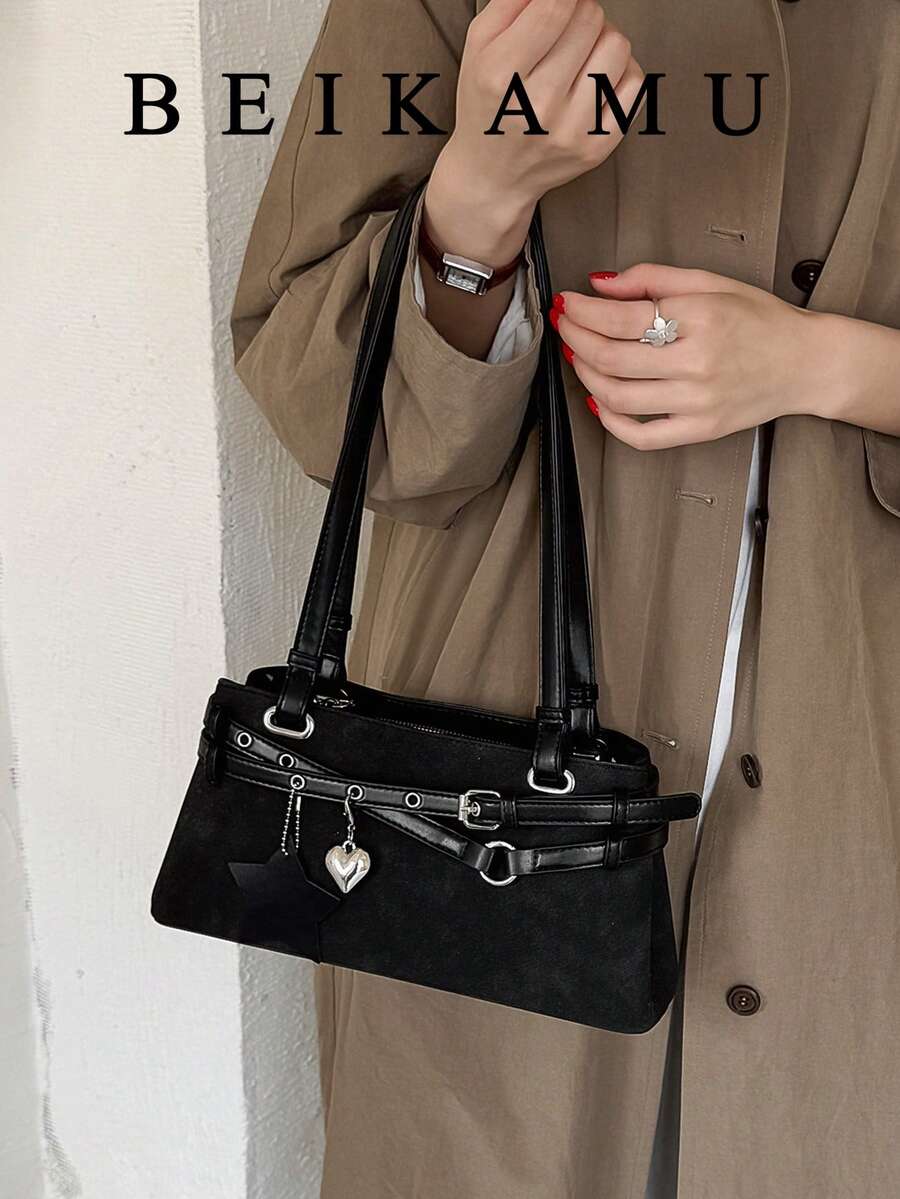 Fashion Solid Color PU Versatile Tote Bag, Strap Heart & Star Decor Elegant Women's Shoulder Bag, Suitable For University, Commuting, Shopping, Street Shopping, Daily Use - Black - View 1
