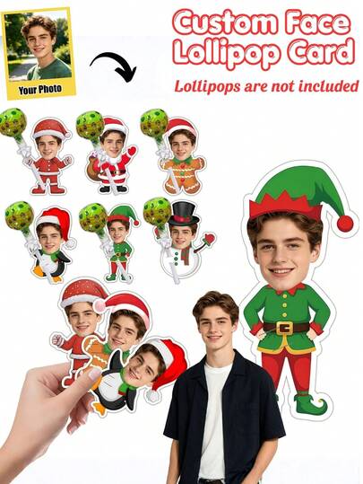 Custom Photo Face Christmas Lollipop Paper Sculptures, Personalized And Fun Santa Claus, Gingerbread Man And Snowman Decorative Cards, Suitable For Family Holiday Gatherings, DIY Custom Face Decorations, Christmas Gifts And Small Gifts.
