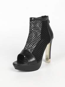 Fashionable Fishnet Hollow Out Women's Short Boots~Black Chunky High Heel Platform Back Zipper Peep Toe Sandals - Black - View 7