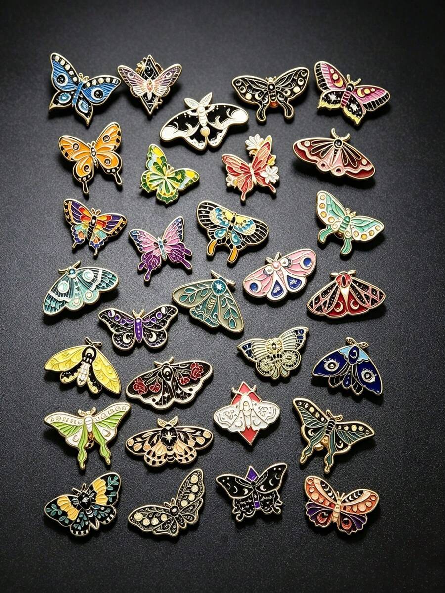 5/6/10/12/20/24pcs/Set Random Style Butterfly Enamel Badge Set Cute Enamel Backpack Badge Butterfly Brooch Round Collar Badge Steampunk Style Women's Badge Jewelry (Color/Style Random) - Butterfly - View 1