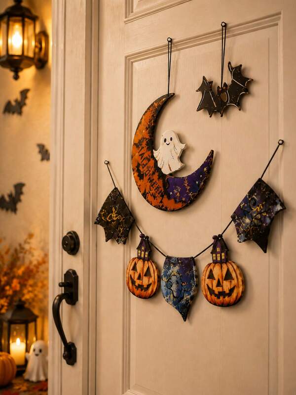 1 szt./1 zestaw dekoracja na drzwi wejściowe na Halloween, mroczny klimat, lampa ścienna z półksiężycem, duchem, nietoperzem i dynią, retro dekoracja halloweenowa do domu, odpowiednia do kominków, sypialni, drzwi, okien, balkonów i wejść, akcesoria na imprezę