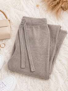 Pantalón de pierna ancha para mujer. Sin bolsillo. Ajuste de cintura natural, cordón tipo cinta ajustable. Textura suave, sin estampado. Interior fresco y muy cómodo. - Beis - Ver 2