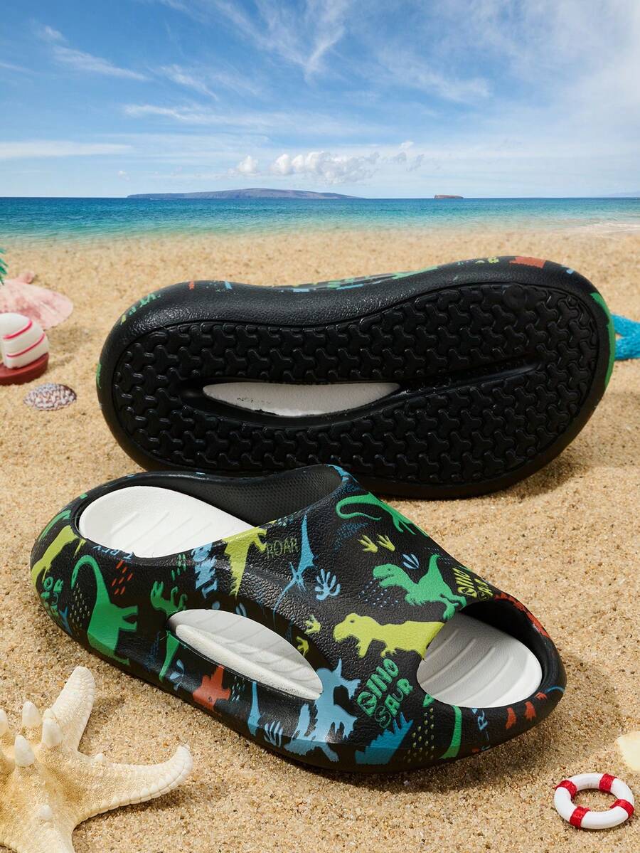1 Pair Boys' Spring/Summer Comfortable Fashionable Cute Colorful Dinosaur Family Print Lightweight Casual EVA Soft Foam Slippers - Black - View 1