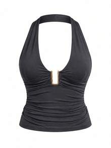 Women's Halter Deep V Metal Splice Backless Pleated Cropped Camisole, Suitable For Daily, Commute, Date, Vacation, Valentine's Day Casual Summer - Grey - View 5