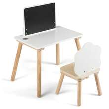Weaning Table & Chair Set W/Chalkboard Brush Pot For Drawing Learning Mealtime White & Natural - White - View 10