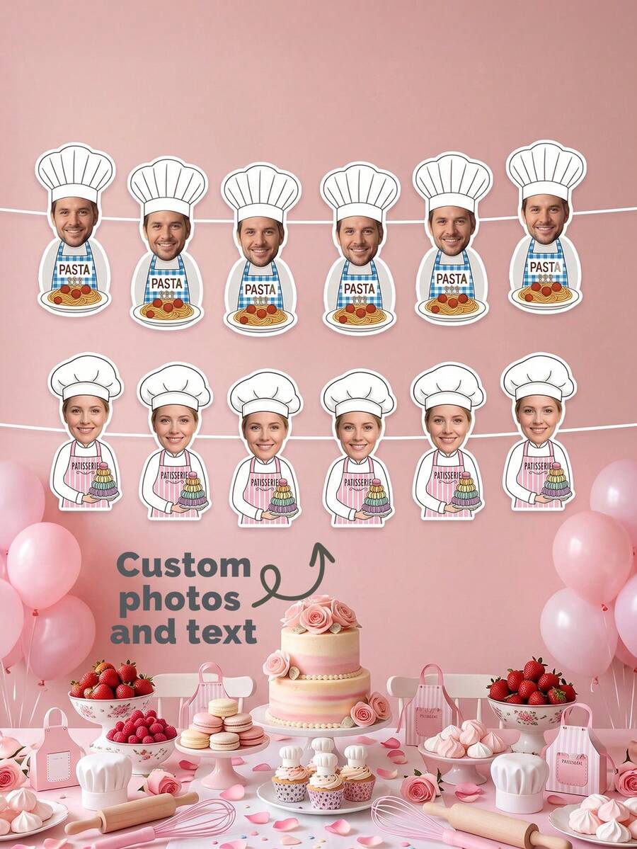 5/10/15pcs Custom Photo And Text Chef Banner,Personalized Pasta Baking Chef Banner,Custom Cooking Themed Birthday Party Wall Hanging Decoration - Multicolor - View 1