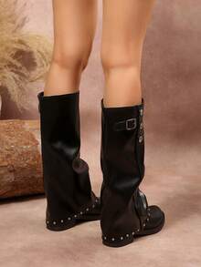 Women's Autumn/Winter Faux Leather Slouch Knee-High Boots, Y2K Punk Street Style Western Tall Boots With Metal Rivets, Buckle Detail, Low Heel Slip-On - Black - View 6
