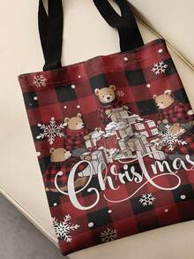 1pc Christmas Plaid Print Print Shoulder Tote,Large Capacity For Books,Groceries & Daily Beach Travel School Use.For Students, Great Daily Bag Or Gift - Red - View 5