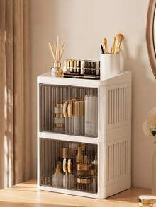 Lemari Penyimpanan Kosmetik Anti Debu Satu/Dua/Tiga Lapis, Pintu Garis Vertikal Abu-abu Asap dengan Pegangan Emas, Desain Kapasitas Besar, Cocok untuk Perawatan Kulit, Parfum, Meja Rias, dan Penyimpanan di Atas Meja Kamar Mandi - MultiWarna - View 1