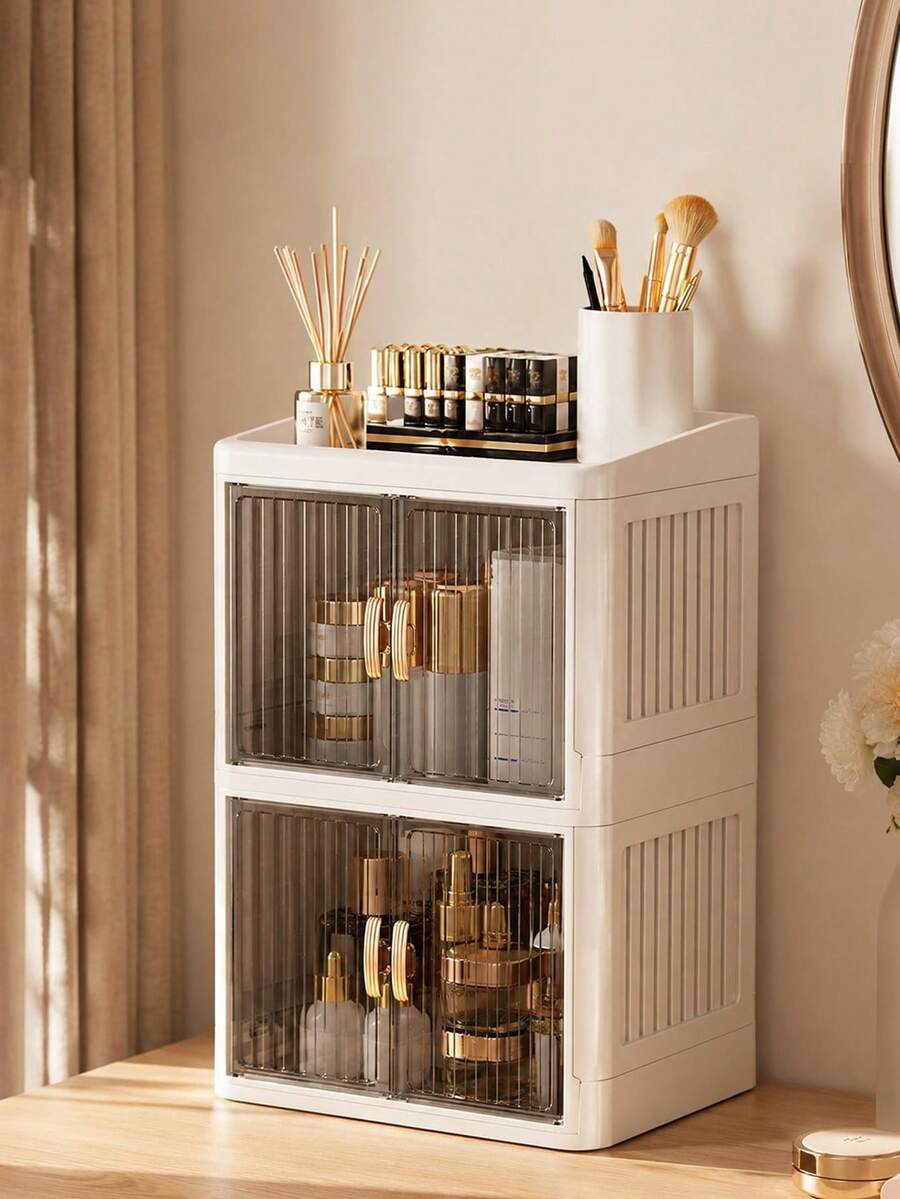 Lemari Penyimpanan Kosmetik Anti Debu Satu/Dua/Tiga Lapis, Pintu Garis Vertikal Abu-abu Asap dengan Pegangan Emas, Desain Kapasitas Besar, Cocok untuk Perawatan Kulit, Parfum, Meja Rias, dan Penyimpanan di Atas Meja Kamar Mandi - MultiWarna - View 1