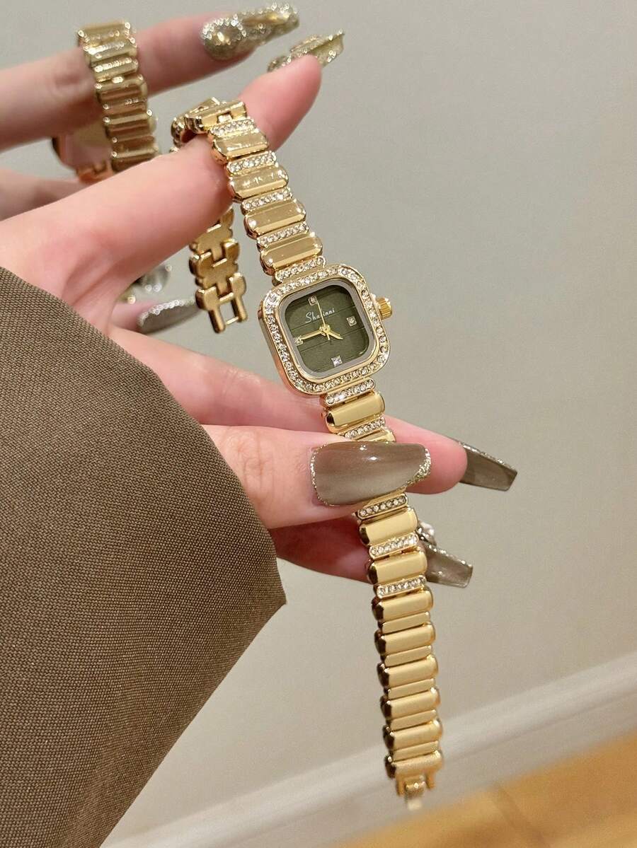 1 buah Jam Tangan Quartz Emas Persegi Mewah, Dial Hijau, Bezel Berlian Imitasi, Penanda Minimalis, Desain Elegan, Cocok untuk Pemakaian Sehari-hari - Emas - View 1