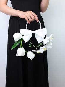 1pc Bohemian Style Satin Bow Ring Bridal Bouquet, Gentle & Elegant - White - View 3