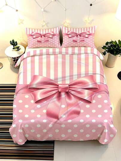 Set Sprei 2/3 PCS Motif Garis Polkadot Pita Merah Muda, Set Perlengkapan Tidur Lembut dan Halus dengan Sarung Bantal, Set Tempat Tidur untuk Dekorasi Kamar Tidur Anak Perempuan, Remaja, dan Dewasa