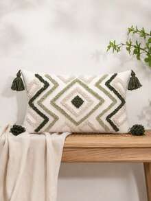 1pc/2pcs Bohemian Flocked Diamond Throw Pillow Cover With Tassel Corners, Rhombus Geometric Pattern, Olive Green & Sage Green, 18x18 Inch & 12x20 Inch, Suitable For Living Room Sofa, Bedroom Bed, Headboard, Outdoor Garden, Farmhouse Party Decor (Pillow Insert Not Included) - Green - View 3
