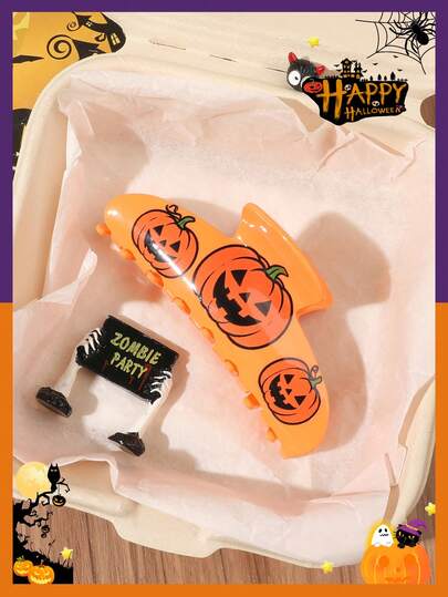 1pc Halloween Orange Cartoon Funny Cute Pumpkin Print Semi-Circle Hair Claw, Holiday Party Atmosphere Hair Accessory