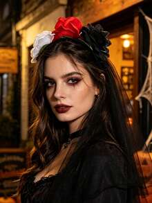 1pc Halloween Artificial Flower Black Mesh Headband, Holiday Ghost Bride Costume Headpiece, Party Cosplay Hair Accessory - Multicolor - View 2