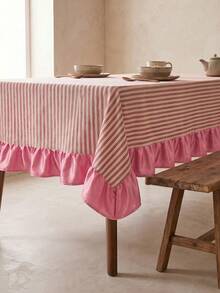 1pc White Base Red Striped Pink Ruffle Edge Tablecloth, Fresh Natural Style Fabric Rectangular Pink Ruffle Edge Patchwork Detail Decorative Functional Dining Tablecloth Suitable For Daily Home Dining And Fresh Home Decor Scenes - Red - View 3