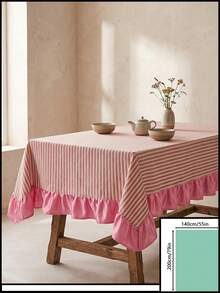 1pc White Base Red Striped Pink Ruffle Edge Tablecloth, Fresh Natural Style Fabric Rectangular Pink Ruffle Edge Patchwork Detail Decorative Functional Dining Tablecloth Suitable For Daily Home Dining And Fresh Home Decor Scenes - Red - View 14
