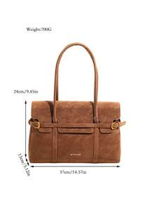 Women's Shoulder Bag, Solid Color, Suede Material, Metal Buckle And Embossed Logo, Large Capacity Handbag, Vintage Academic Style, Suitable For Workplace Daily, Autumn/Winter - Brown - View 6
