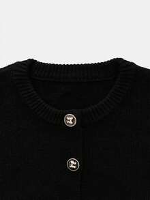 Women's Solid Color Round Neck Butterfly Buckle Ribbed Long Sleeve Autumn/Winter Minimalist Short Casual Versatile Knit Cardigan Retro Street Style - Black - View 6