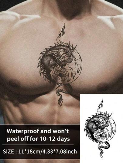 1Pc Man Tattoo Fake Y2K Temporary Tattoos Dragon Totem Semi Permanent Waterproof Sweatproof Last For 1-2 Weeks Realistic Herbal Juice Anti-Friction Non-Reflective Black For Woman And Men Arm Chest Waist Back Tattoo Stickers