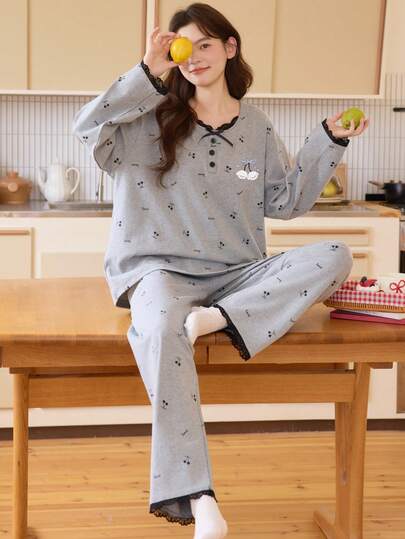 2pcs/Set Women's Pajamas Loungewear Set, Cute Puppy Print Pullover Round Neck Fashion Long Sleeve Cropped Pants, Easy Care Fabric