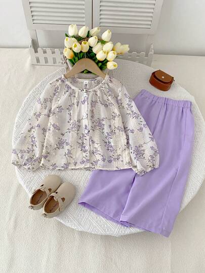 Humor Bear 2pcs Setelan Modis Anak Perempuan Jacquard Chiffon Lengan Panjang dan Celana Panjang Lebar, Musim Gugur