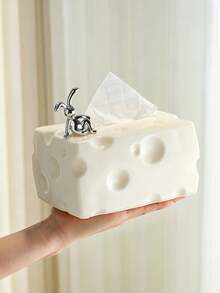 1pc Creative Cheese‑Shaped Tissue Box With Silver Bear Ornament, Plastic Decorative Napkin Holder, Cute Desktop Tissue Dispenser For Living Room Coffee Table Bedroom Home Tabletop Decor Tissue Box Tissue Box Holder - Multicolor - View 8