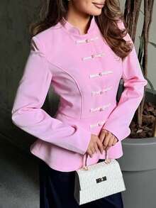Jaket Vintage Wanita Warna Polos Baru untuk Liburan, Pemakaian Sehari-hari, dan Berlibur, Musim Gugur/Dingin, Warna Pink - Berwarna merah muda - View 2
