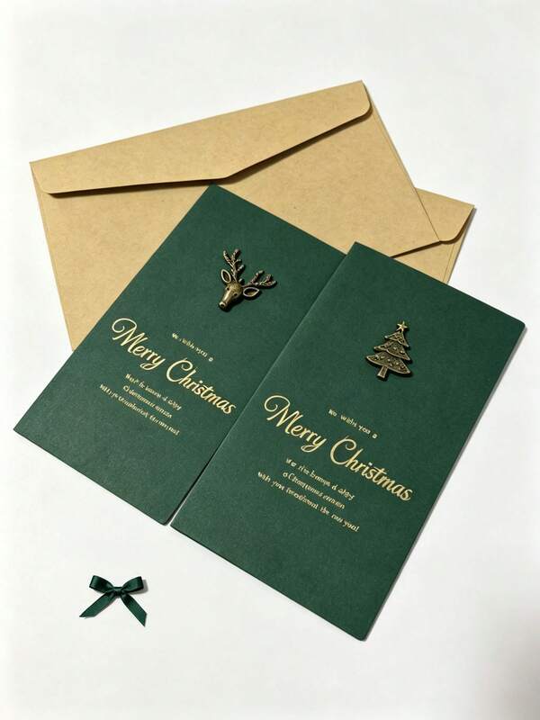 1 Set Christmas Greeting Card With Envelope, Exquisite Vintage Christmas Handwritten Card With Deer Head And Christmas Tree Decoration, Gift For Friends And Family, Christmas Gift, Christmas Decoration, Christmas Greeting Card