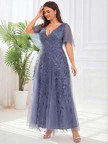 EVERPRETTY Women's Elegant Plus Size V-Neck Ruffle Sleeve Mesh Sequin Embroidered Long Formal Dress For Evening Party Wedding Guest Formal Occasions Fall - Dusty Blue - View 3