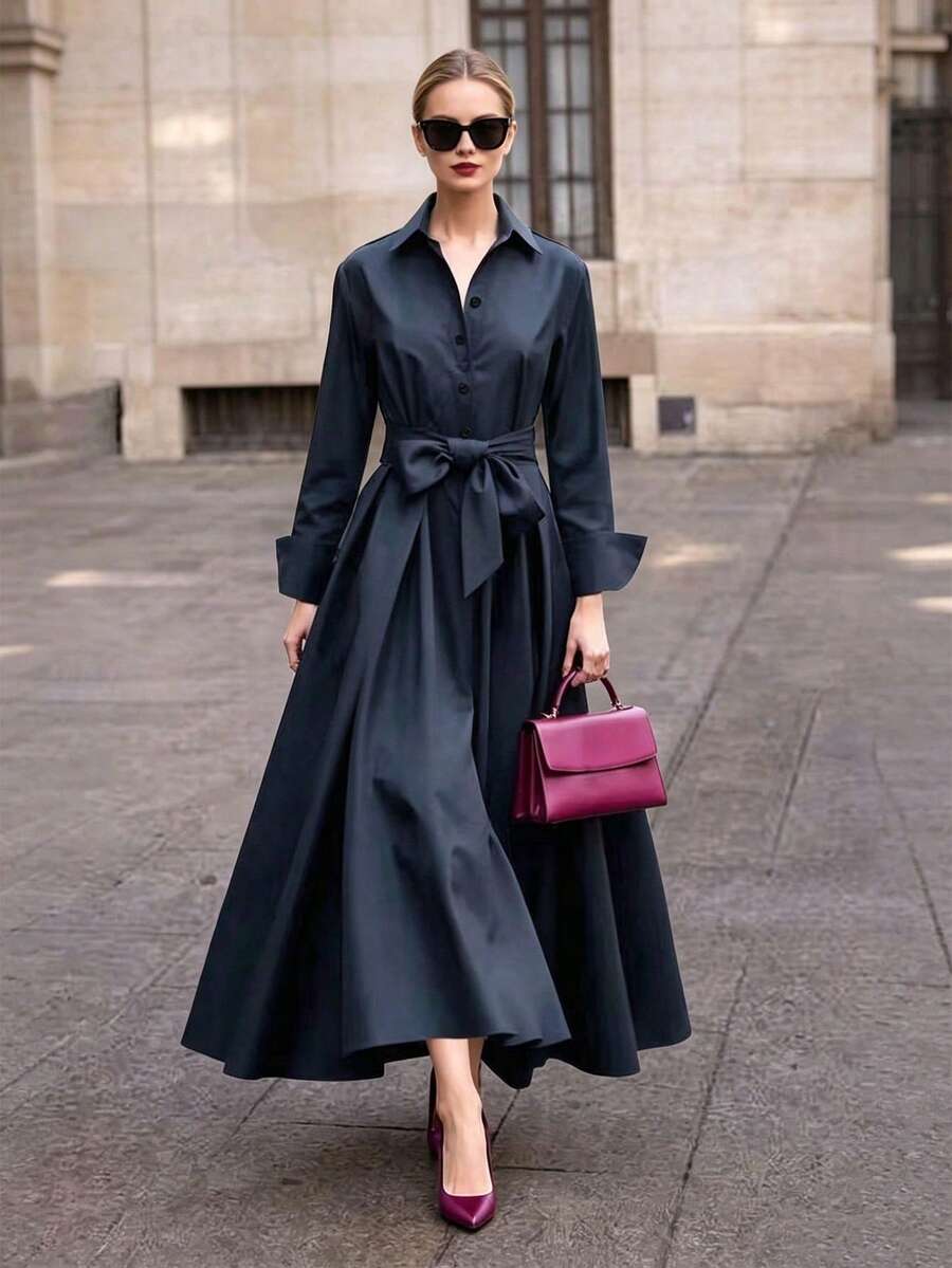 Women's Autumn Vintage Style Elegant Dress, Single-Breasted Design, Graceful And Flowy, Suitable For Outings, Business, Basic, Back To School - Royal Blue - View 1