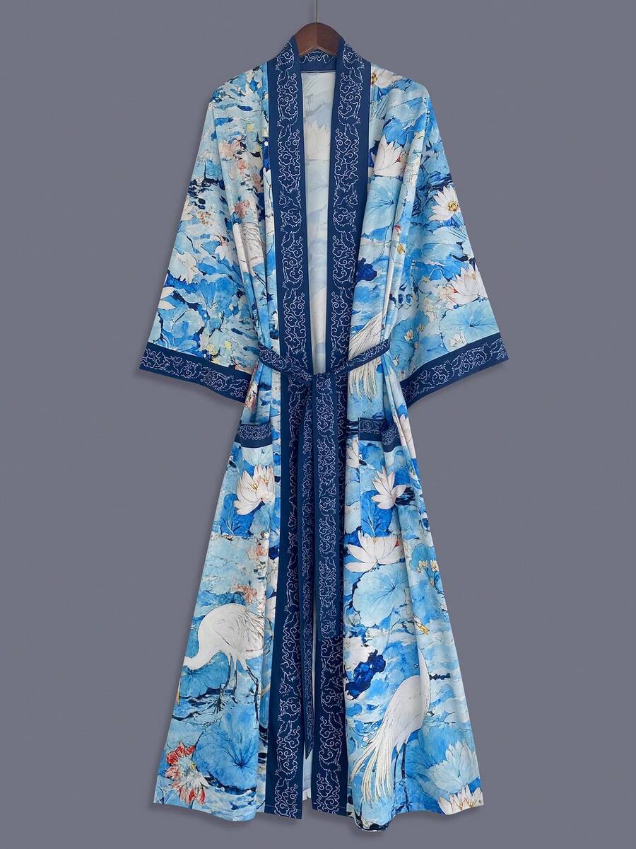 Bohemian Fashion Floral Print Mid-Length Kimono Cover Up Thin Jacket ...
