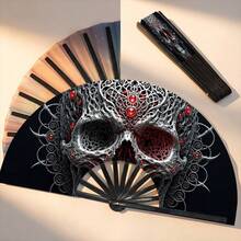 1pc Halloween Kung Fu Fan Gothic Style Exquisite Floral Skeleton Print Handheld Folding Fan, Plastic Black Ribs, Decorative Portable Fan For Daily Use And Theme Parties - One Size Fits All - View 7