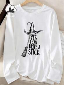 Plus Size Women's Witch Hat Broom Halloween Print Round Neck Long Sleeve Casual T‑Shirt, Daily Top For Spring Fall Winter - White - View 2