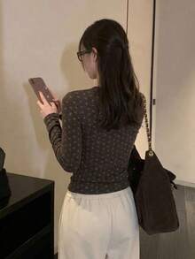 Women's Korean Style Henley Collar Button Ditsy Floral Long Sleeve Knitted Base Layer Top, Autumn Blouse - Coffee Brown - View 6