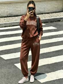 New European And American Style Los Angeles Letter Print Dark Blue Women's Sweatshirt Set, Suitable For Autumn And Winter - Brown - View 4