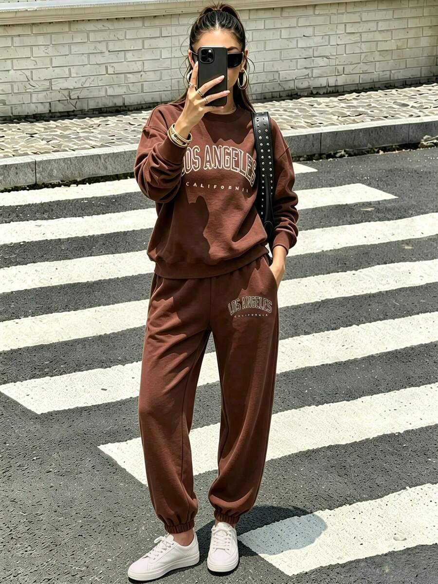 New European & American Style Los Angeles Letter Print Deep Blue Women's Sweatshirt Set, Suitable For Autumn/Winter Sports Fashion Versatile Y2K